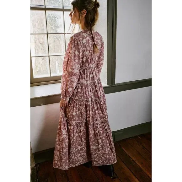 NWT Free People Womens Tiered Pappiet Midi Dress Current Rose Medium - Picture 3 of 16